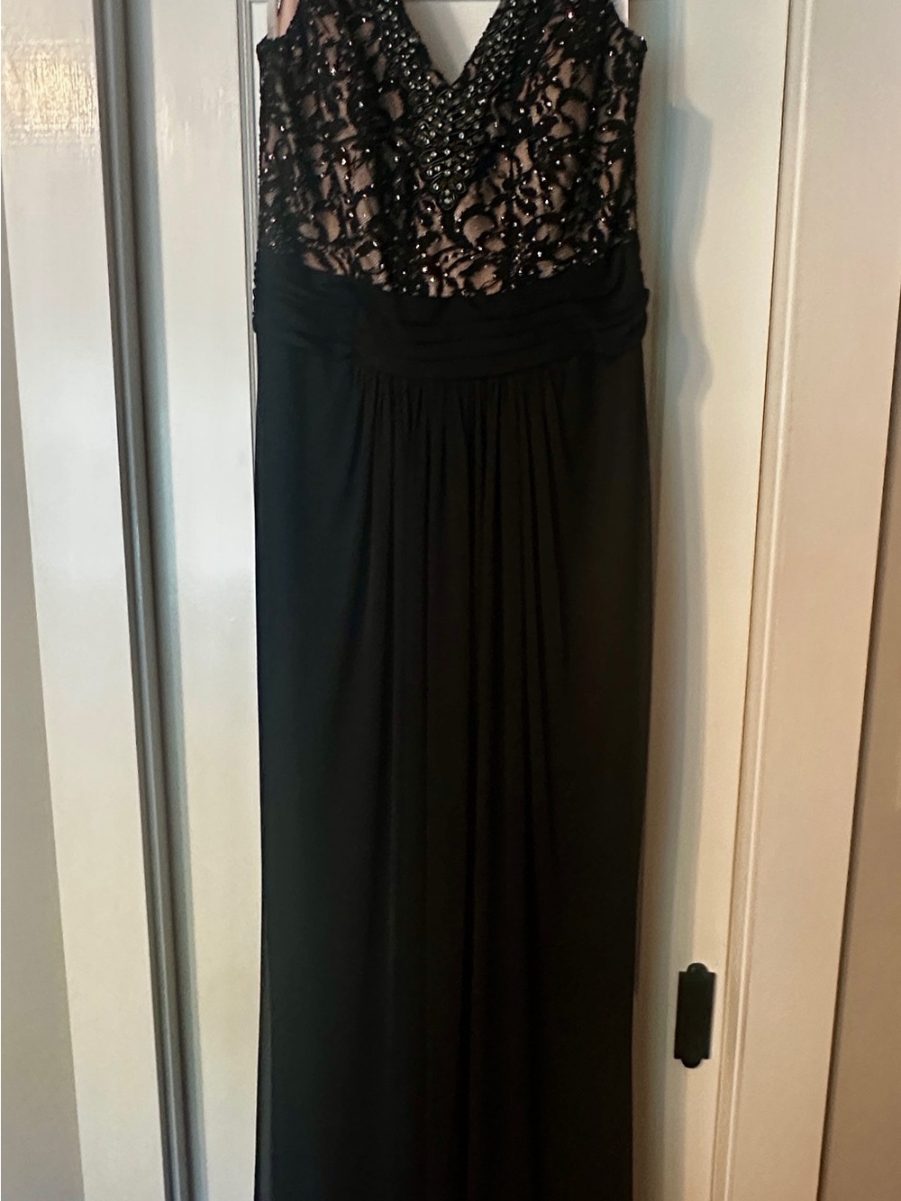 David's Bridal Black Beaded Lace V-Neck Maxi Dress